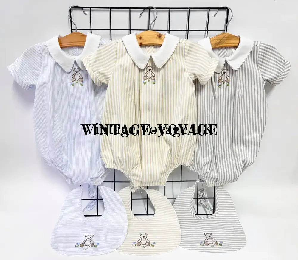 PRE ORDER&GET NEXT WEEK!NEW🤩TEDDY BLUE STRIPED HAND EMBROIDERED🧵🪡BABY BOYS ROMPER & BIB🦒 Baby & Toddler Outfits