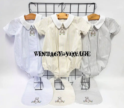 PRE ORDER&GET NEXT WEEK!NEW🤩TEDDY BLUE STRIPED HAND EMBROIDERED🧵🪡BABY BOYS ROMPER & BIB🦒 Baby & Toddler Outfits