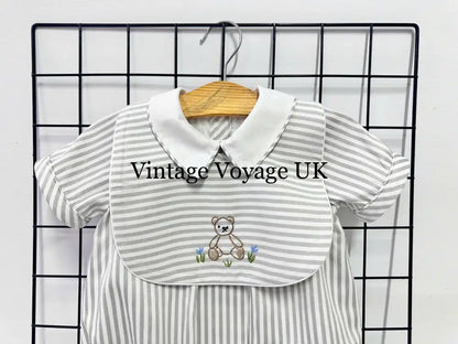 PRE ORDER&GET NEXT WEEK!NEW🤩TEDDY SILVER/GREY STRIPED HAND EMBROIDERED🧵🪡BABY BOYS ROMPER & BIB🦒 Baby & Toddler Outfits