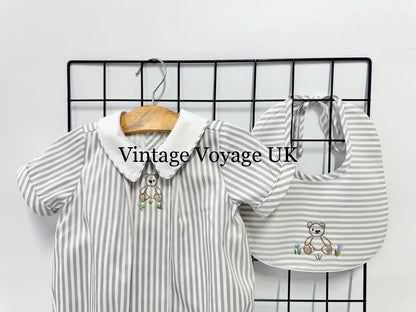 PRE ORDER&GET NEXT WEEK!NEW🤩TEDDY SILVER/GREY STRIPED HAND EMBROIDERED🧵🪡BABY BOYS ROMPER & BIB🦒 Baby & Toddler Outfits