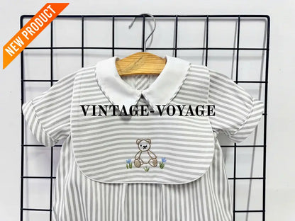 PRE ORDER&GET NEXT WEEK!NEW🤩TEDDY SILVER/GREY STRIPED HAND EMBROIDERED🧵🪡BABY BOYS ROMPER & BIB🦒 Baby & Toddler Outfits
