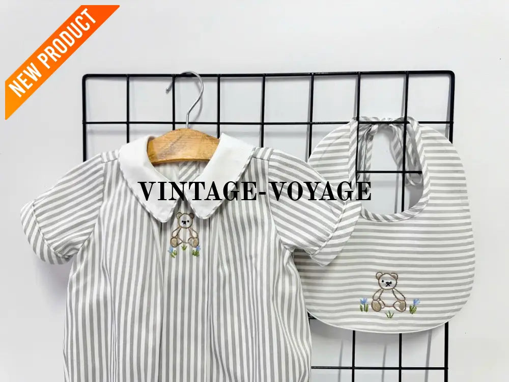 PRE ORDER&GET NEXT WEEK!NEW🤩TEDDY SILVER/GREY STRIPED HAND EMBROIDERED🧵🪡BABY BOYS ROMPER & BIB🦒 Baby & Toddler Outfits