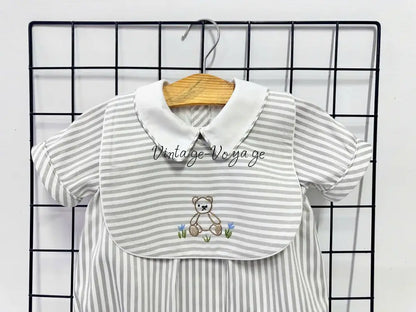 PRE ORDER&GET NEXT WEEK!NEW🤩TEDDY SILVER/GREY STRIPED HAND EMBROIDERED🧵🪡BABY BOYS ROMPER & BIB🦒 Baby & Toddler Outfits
