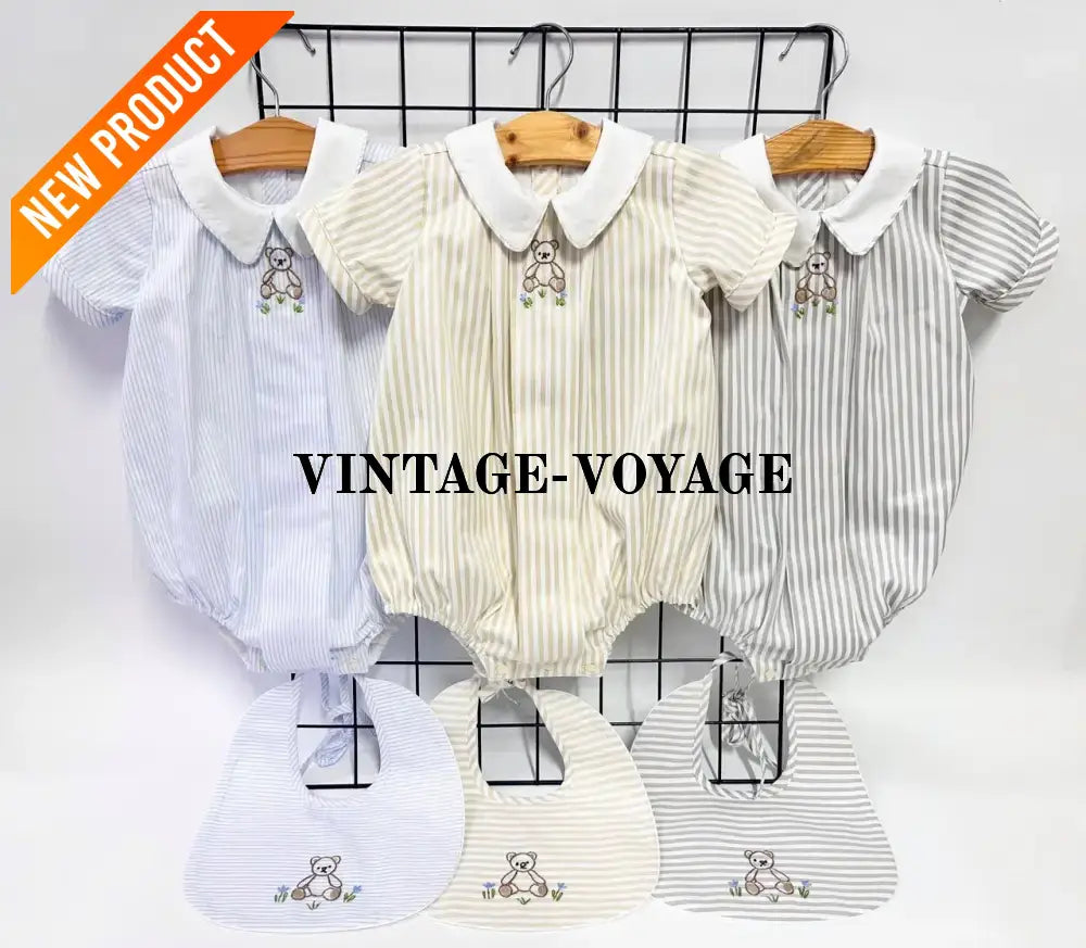 PRE ORDER&GET NEXT WEEK!NEW🤩TEDDY BLUE STRIPED HAND EMBROIDERED🧵🪡BABY BOYS ROMPER & BIB🦒 Baby & Toddler Outfits