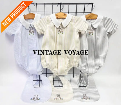 PRE ORDER&GET NEXT WEEK!NEW🤩TEDDY BLUE STRIPED HAND EMBROIDERED🧵🪡BABY BOYS ROMPER & BIB🦒 Baby & Toddler Outfits