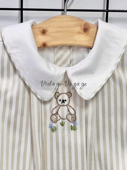 PRE ORDER&GET NEXT WEEK!NEW🤩TEDDY SILVER/GREY STRIPED HAND EMBROIDERED🧵🪡BABY BOYS ROMPER & BIB🦒 Baby & Toddler Outfits
