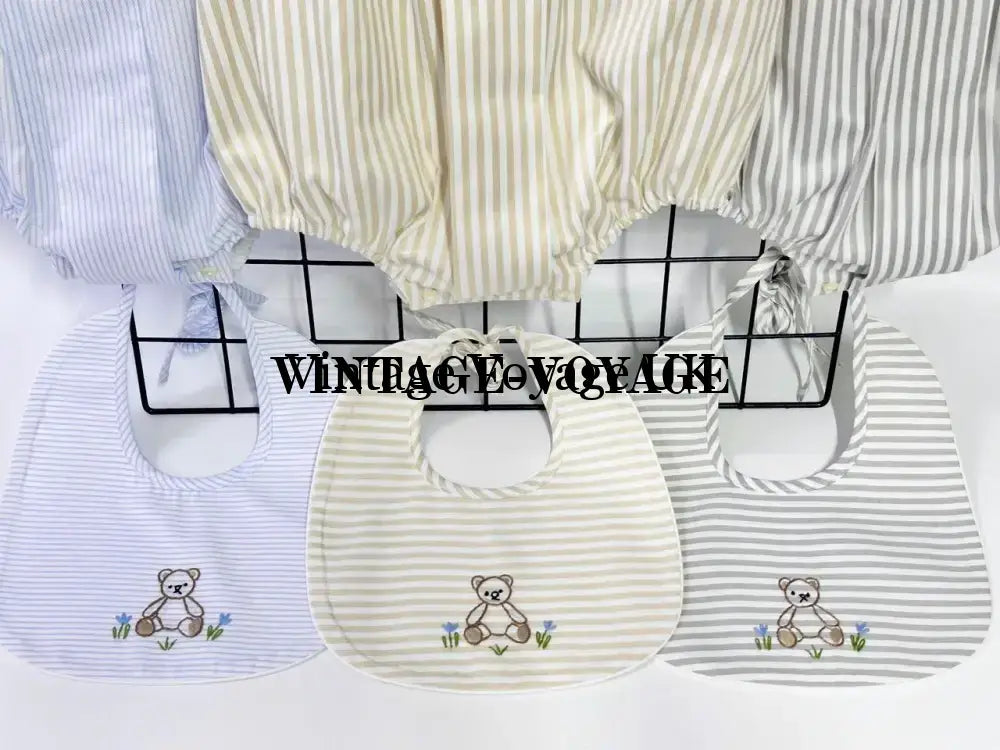 PRE ORDER&GET NEXT WEEK!NEW🤩TEDDY BLUE STRIPED HAND EMBROIDERED🧵🪡BABY BOYS ROMPER & BIB🦒 Baby & Toddler Outfits
