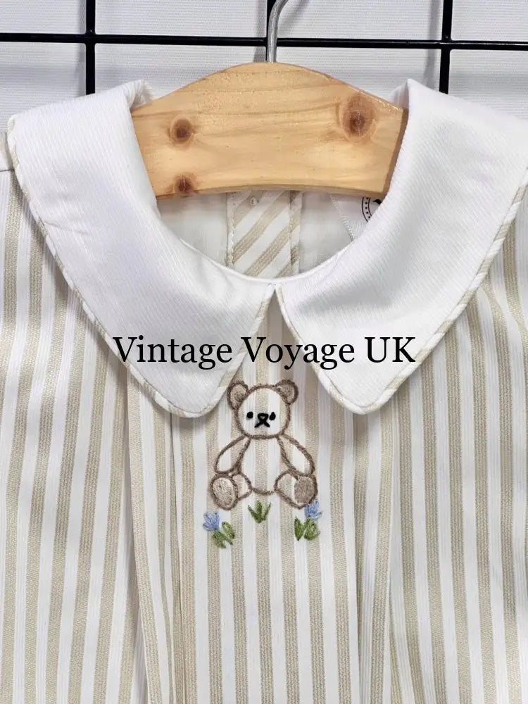 PRE ORDER&GET NEXT WEEK!NEW🤩TEDDY SILVER/GREY STRIPED HAND EMBROIDERED🧵🪡BABY BOYS ROMPER & BIB🦒 Baby & Toddler Outfits