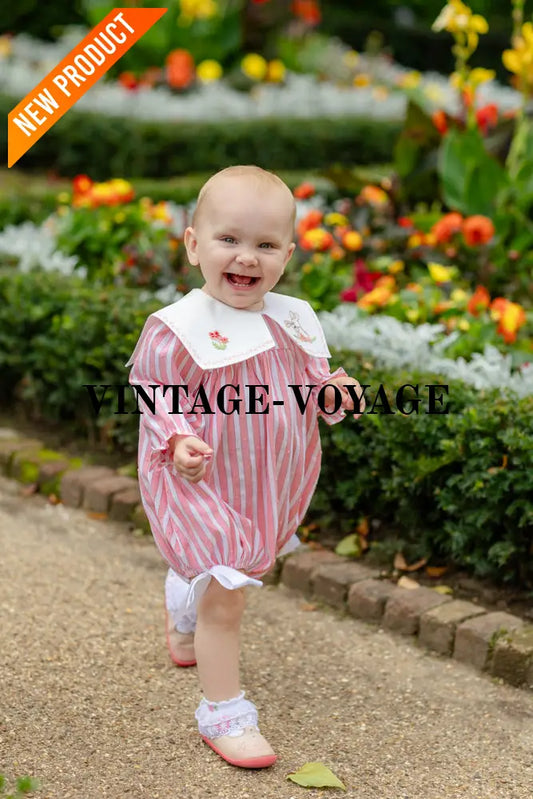 NEW🤩VIVI CORAL🪸STRIPED HAND-EMBROIDERED🧵🪡BABY ROMPER BIB & HAIR ACCESSORIES🎀 Baby & Toddler Outfits