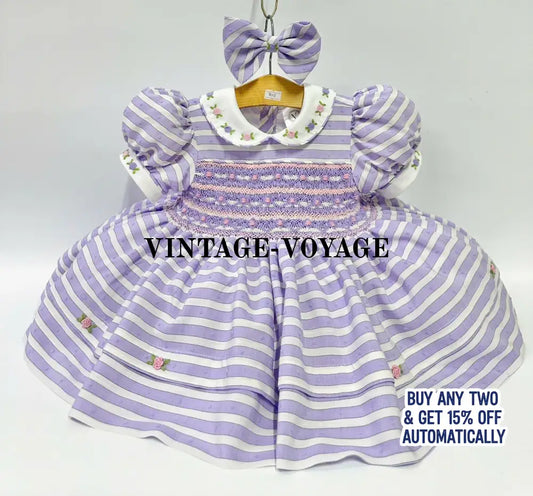 PRE ORDER&GET NEXT WEEK! NEW! OLIVIA LILAC STRIPES FRONT & BACK HAND SMOCKED🧵🪡 DRESS & HAIR BOWS🎀 Baby & Toddler Dresses