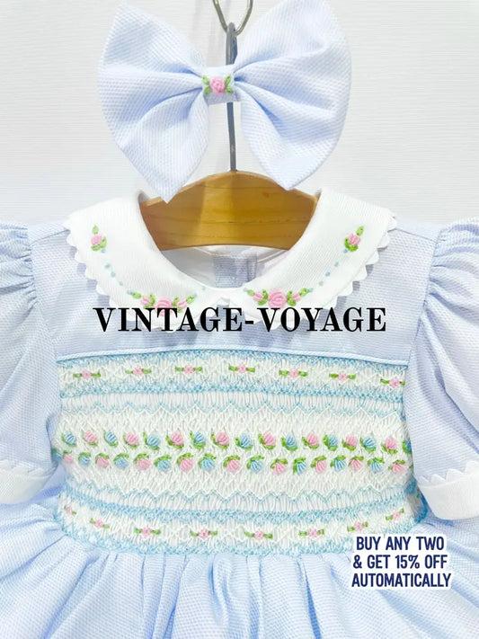 PRE ORDER! NEW! PALOMA PASTEL BLUE FRONT & BACK HAND SMOCKED DRESS & BOWS 6M Baby & Toddler Dresses