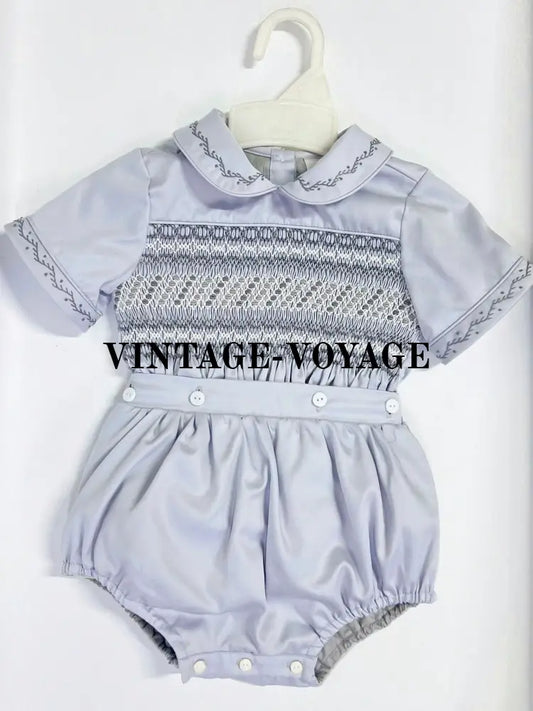 PRE-ORDER! BABY BOYS SILVER/GREY ANTONY HAND-SMOCKED ROMPER SUIT🧵🪡 1M Baby & Toddler Outfits