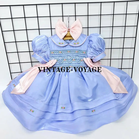 PRE-ORDER BELLE BLUE ORGANZA HAND-SMOCKED DRESS & HAIR BOWS OR HEADBAND 3M Baby & Toddler Dresses