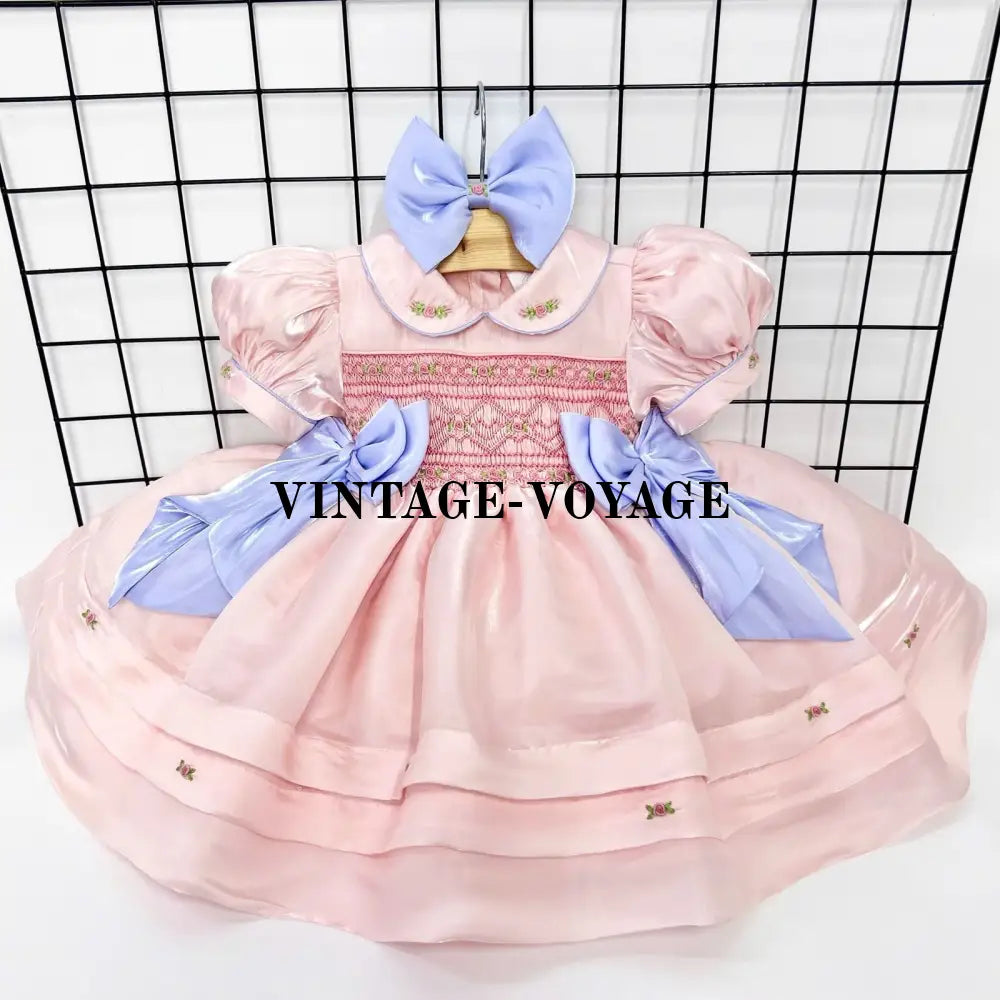 PRE-ORDER BELLE PINK ORGANZA HAND-SMOCKED DRESS & HAIR BOWS OR HEADBAND 3M Baby & Toddler Dresses