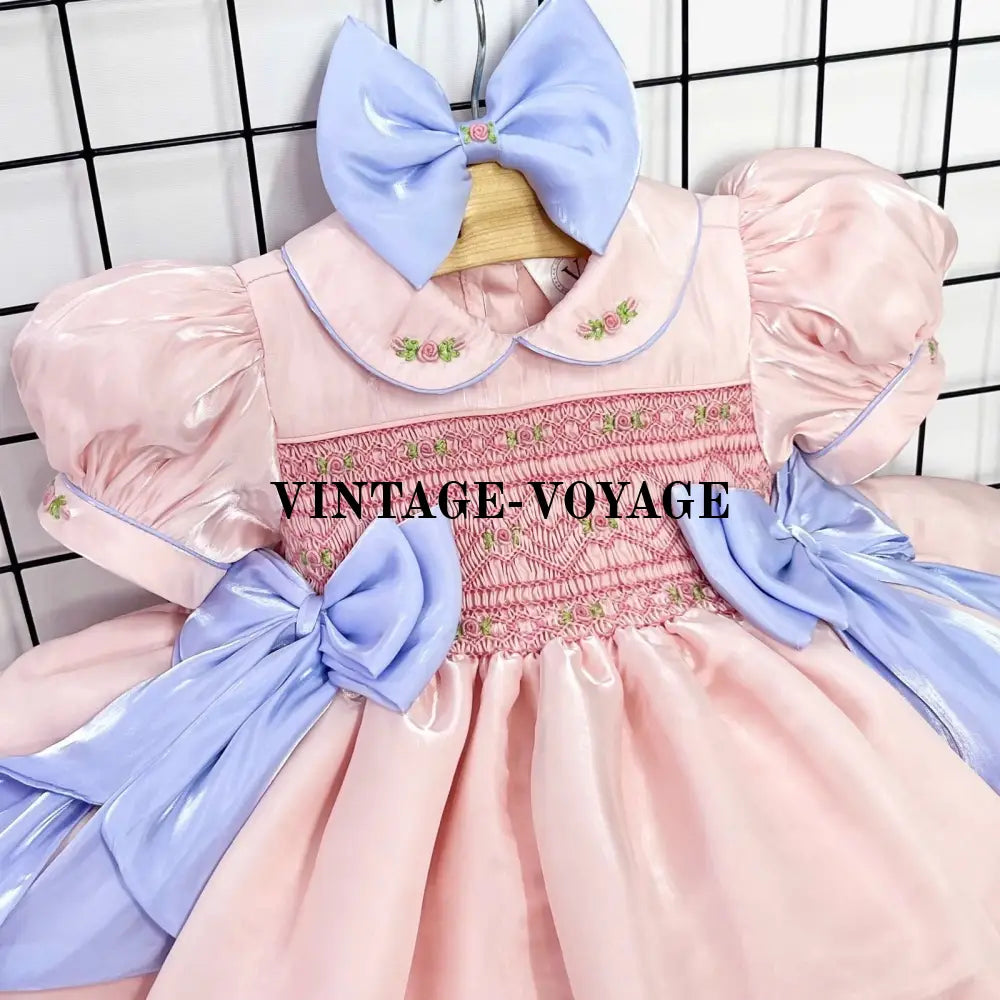PRE-ORDER BELLE PINK ORGANZA HAND-SMOCKED DRESS & HAIR BOWS OR HEADBAND Baby & Toddler Dresses