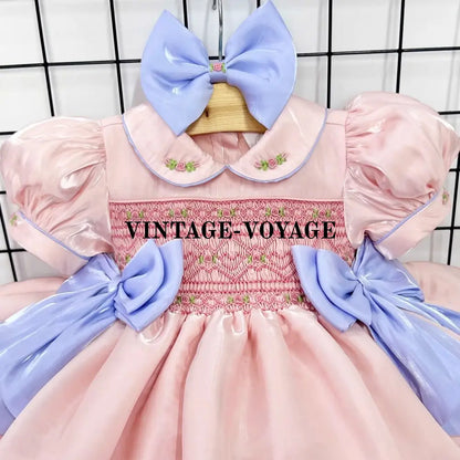 PRE-ORDER BELLE PINK ORGANZA HAND-SMOCKED DRESS & HAIR BOWS OR HEADBAND Baby & Toddler Dresses