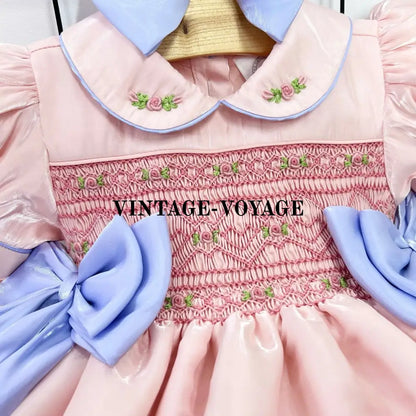 PRE-ORDER BELLE PINK ORGANZA HAND-SMOCKED DRESS & HAIR BOWS OR HEADBAND Baby & Toddler Dresses
