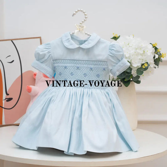 PRE ORDER! DOVE WINTER SKY BLUE GLITTERING FRONT&BACK HAND SMOCKED DRESS PANTIES & HEABAND OR BOWS 3 months Baby &