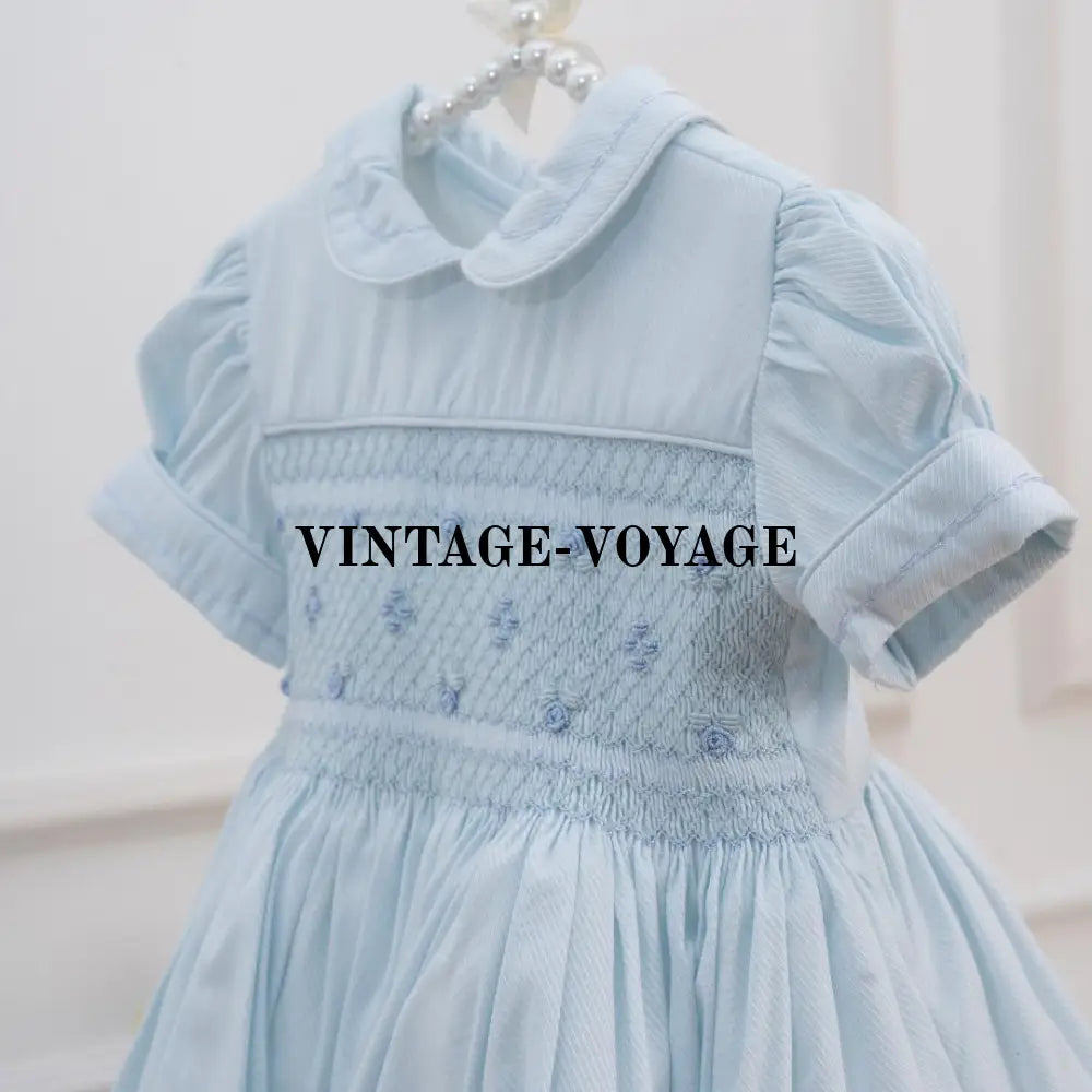 PRE ORDER! DOVE WINTER SKY BLUE GLITTERING FRONT&BACK HAND SMOCKED DRESS PANTIES & HEABAND OR BOWS Baby & Toddler