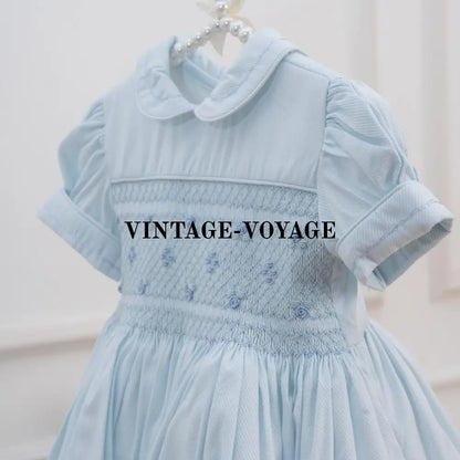 PRE ORDER! DOVE WINTER SKY BLUE GLITTERING FRONT&BACK HAND SMOCKED DRESS PANTIES & HEABAND OR BOWS Baby & Toddler