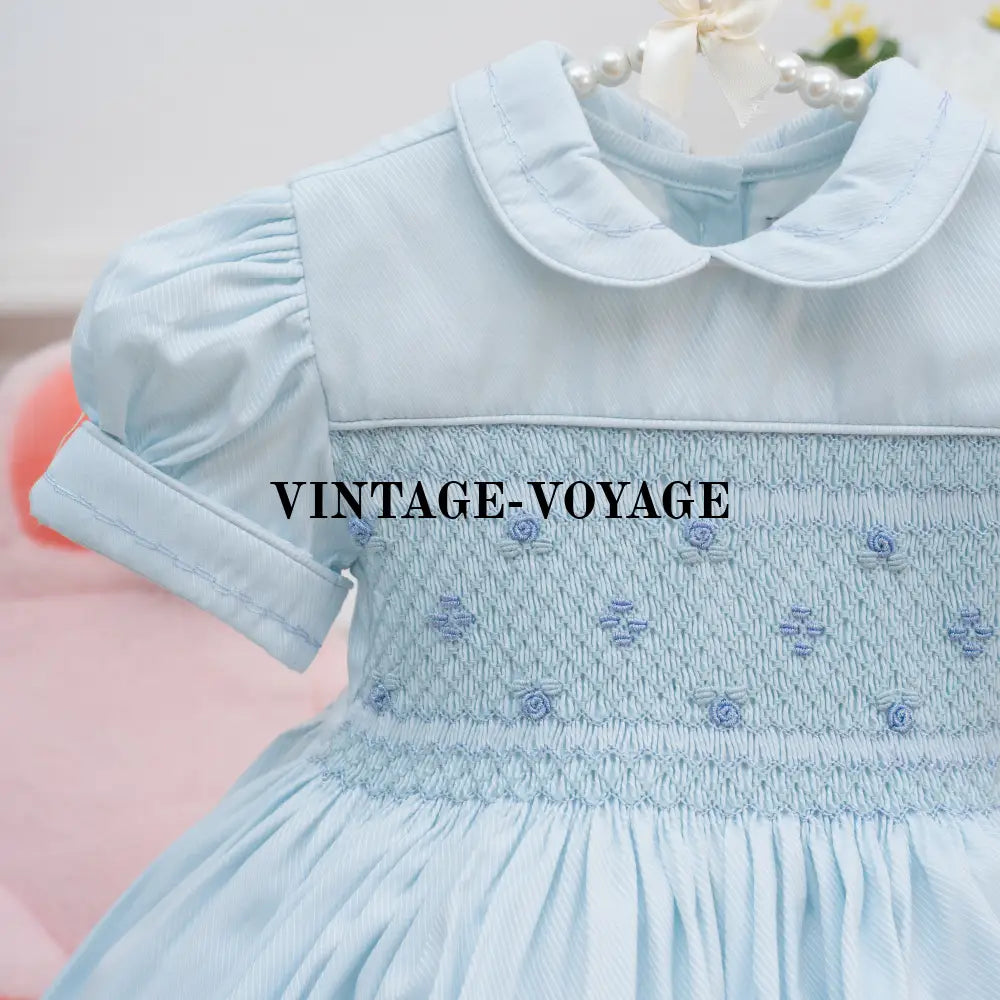 PRE ORDER! DOVE WINTER SKY BLUE GLITTERING FRONT&BACK HAND SMOCKED DRESS PANTIES & HEABAND OR BOWS Baby & Toddler