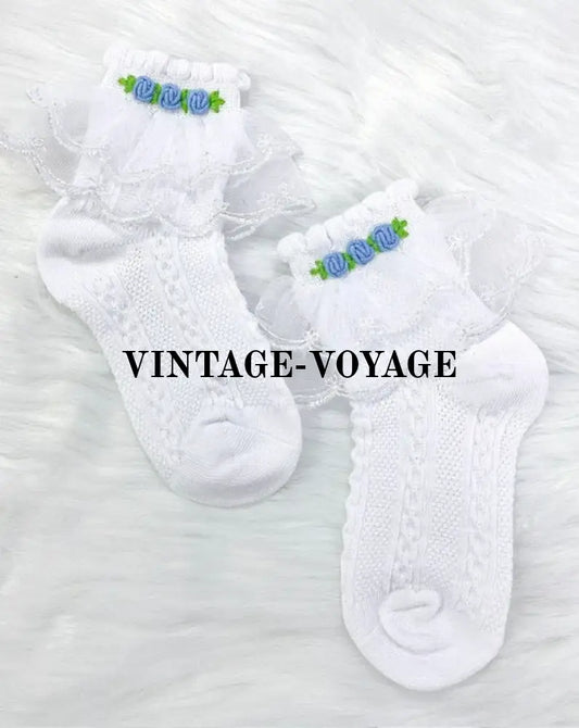 Pre-Order & Get It Next Week Baby Girls Hand-Embroidered White Blue Lace Cotton Socks 0-6M Toddler