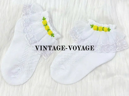 Pre-Order & Get It Next Week Baby Girls Hand-Embroidered White Lemon Lace Cotton Socks 6-12M Toddler