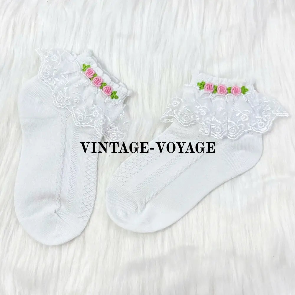 Pre-Order & Get It Next Week Baby Girls Hand-Embroidered White Pink Lace Cotton Socks 0-6M Toddler