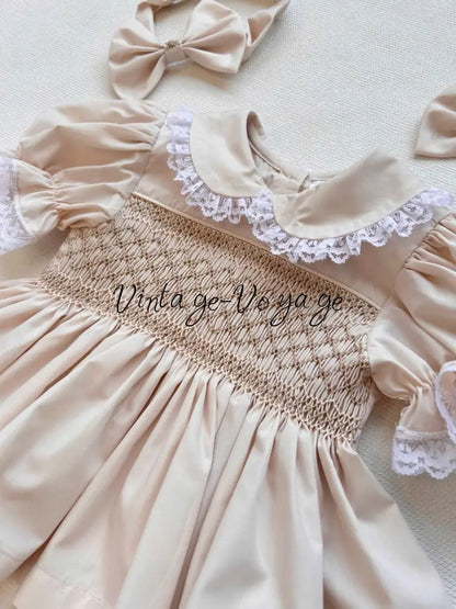PRE-ORDER & GET IT NEXT WEEK! DAISY BEIGE HAND-SMOCKED SHORTER DRESS,KNICKERS & HAIR ACCESSORIES Baby & Toddler Dresses