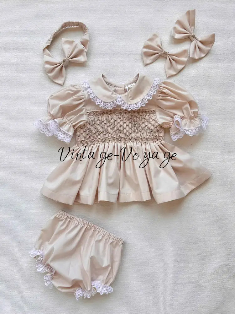 PRE-ORDER & GET IT NEXT WEEK! DAISY BEIGE HAND-SMOCKED SHORTER DRESS,KNICKERS & HAIR ACCESSORIES NB-1M Baby & Toddler