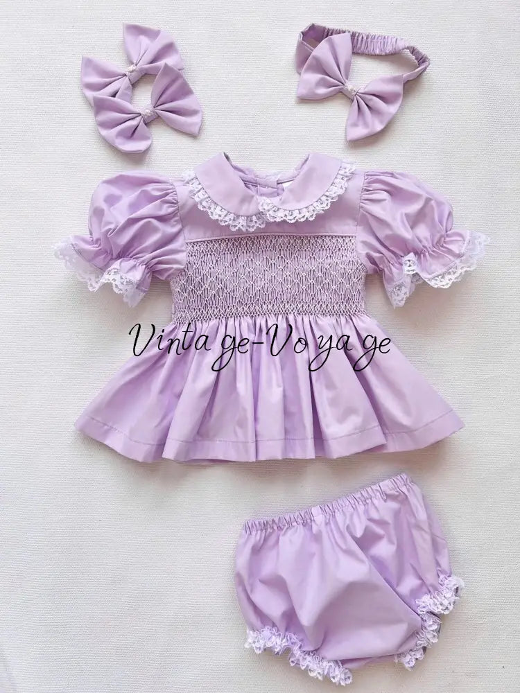 PRE-ORDER & GET IT NEXT WEEK! DAISY LILAC HAND-SMOCKED SHORTER DRESS,KNICKERS & HAIR ACCESSORIES NB-1M Baby & Toddler