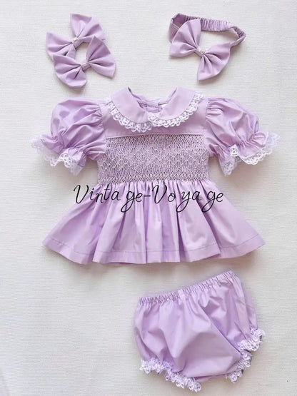 PRE-ORDER & GET IT NEXT WEEK! DAISY LILAC HAND-SMOCKED SHORTER DRESS,KNICKERS & HAIR ACCESSORIES NB-1M Baby & Toddler