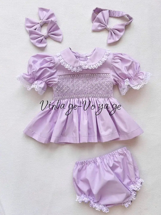 PRE-ORDER & GET IT NEXT WEEK! DAISY LILAC HAND-SMOCKED SHORTER DRESS,KNICKERS & HAIR ACCESSORIES NB-1M Baby & Toddler