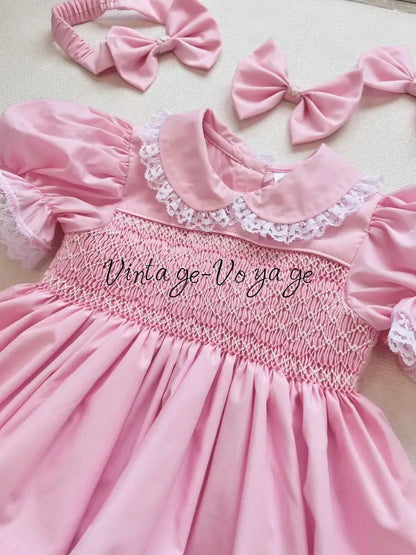 PRE-ORDER & GET IT NEXT WEEK! DAISY PINK HAND-SMOCKED SHORTER DRESS,KNICKERS & HAIR ACCESSORIES Baby & Toddler Dresses