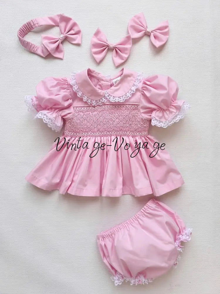 PRE-ORDER & GET IT NEXT WEEK! DAISY PINK HAND-SMOCKED SHORTER DRESS,KNICKERS & HAIR ACCESSORIES NB-1M Baby & Toddler