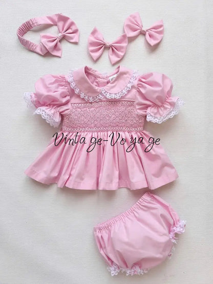PRE-ORDER & GET IT NEXT WEEK! DAISY PINK HAND-SMOCKED SHORTER DRESS,KNICKERS & HAIR ACCESSORIES NB-1M Baby & Toddler
