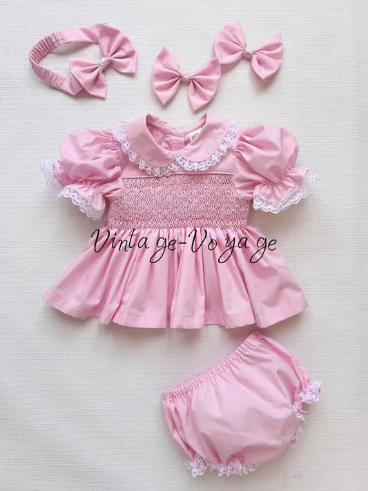 PRE-ORDER & GET IT NEXT WEEK! DAISY PINK HAND-SMOCKED SHORTER DRESS,KNICKERS & HAIR ACCESSORIES NB-1M Baby & Toddler