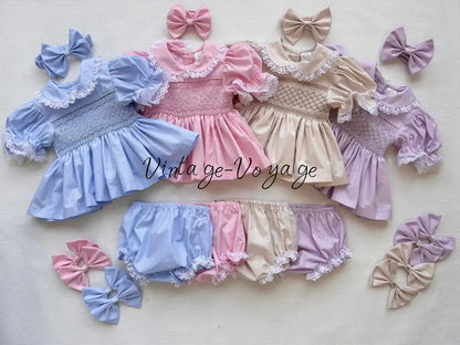 PRE-ORDER & GET IT NEXT WEEK! DAISY SKY BLUE HAND-SMOCKED SHORTER DRESS,KNICKERS & HAIR ACCESSORIES Baby & Toddler