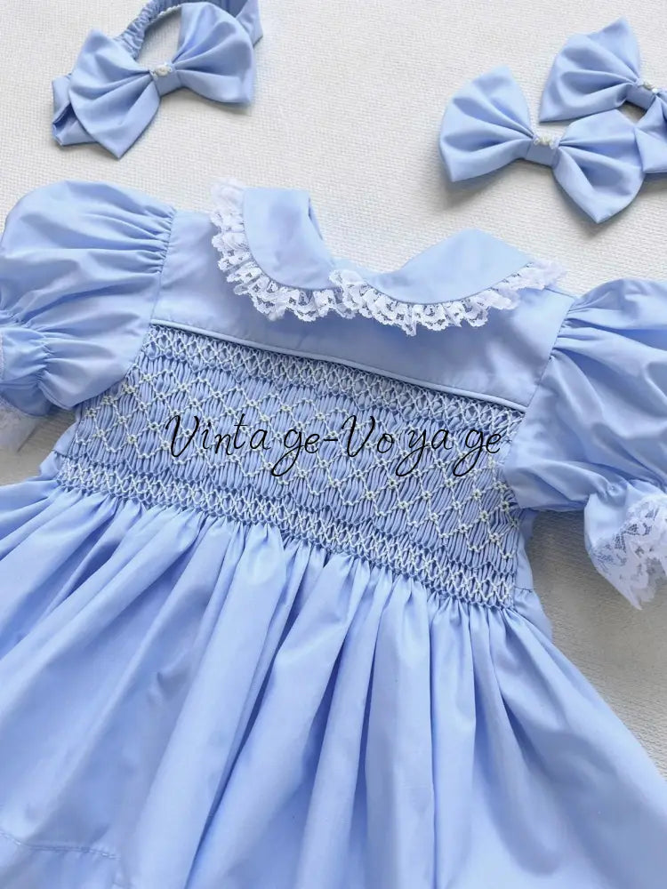 PRE-ORDER & GET IT NEXT WEEK! DAISY SKY BLUE HAND-SMOCKED SHORTER DRESS,KNICKERS & HAIR ACCESSORIES Baby & Toddler