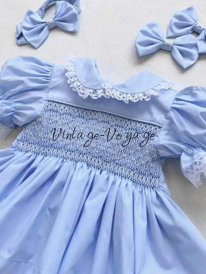 PRE-ORDER & GET IT NEXT WEEK! DAISY SKY BLUE HAND-SMOCKED SHORTER DRESS,KNICKERS & HAIR ACCESSORIES Baby & Toddler