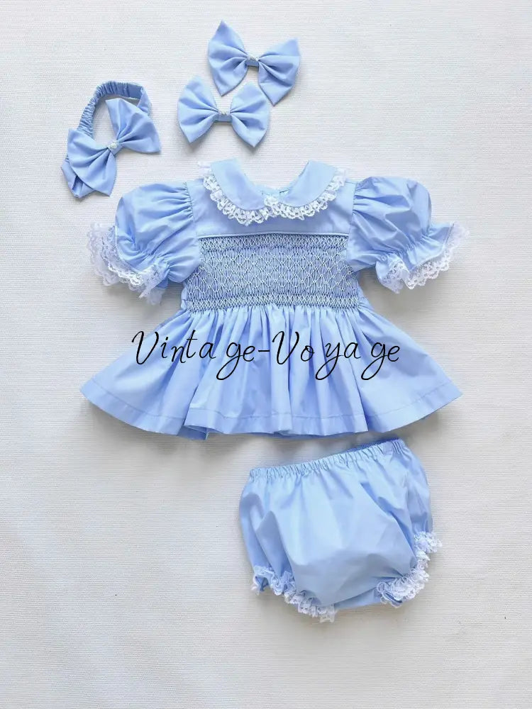 PRE-ORDER & GET IT NEXT WEEK! DAISY SKY BLUE HAND-SMOCKED SHORTER DRESS,KNICKERS & HAIR ACCESSORIES NB-1M Baby &