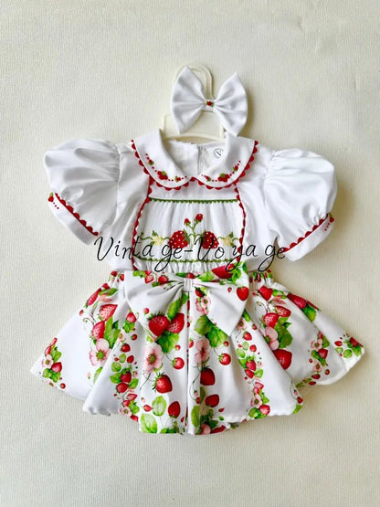 PRE-ORDER & GET IT NEXT WEEK! JUISY STRAWBERRY PRINT HAND-SMOCKED🧵🪡SKIRT SET AND HAIR BOWS OR HEADBAND 🎀🎀 Baby &