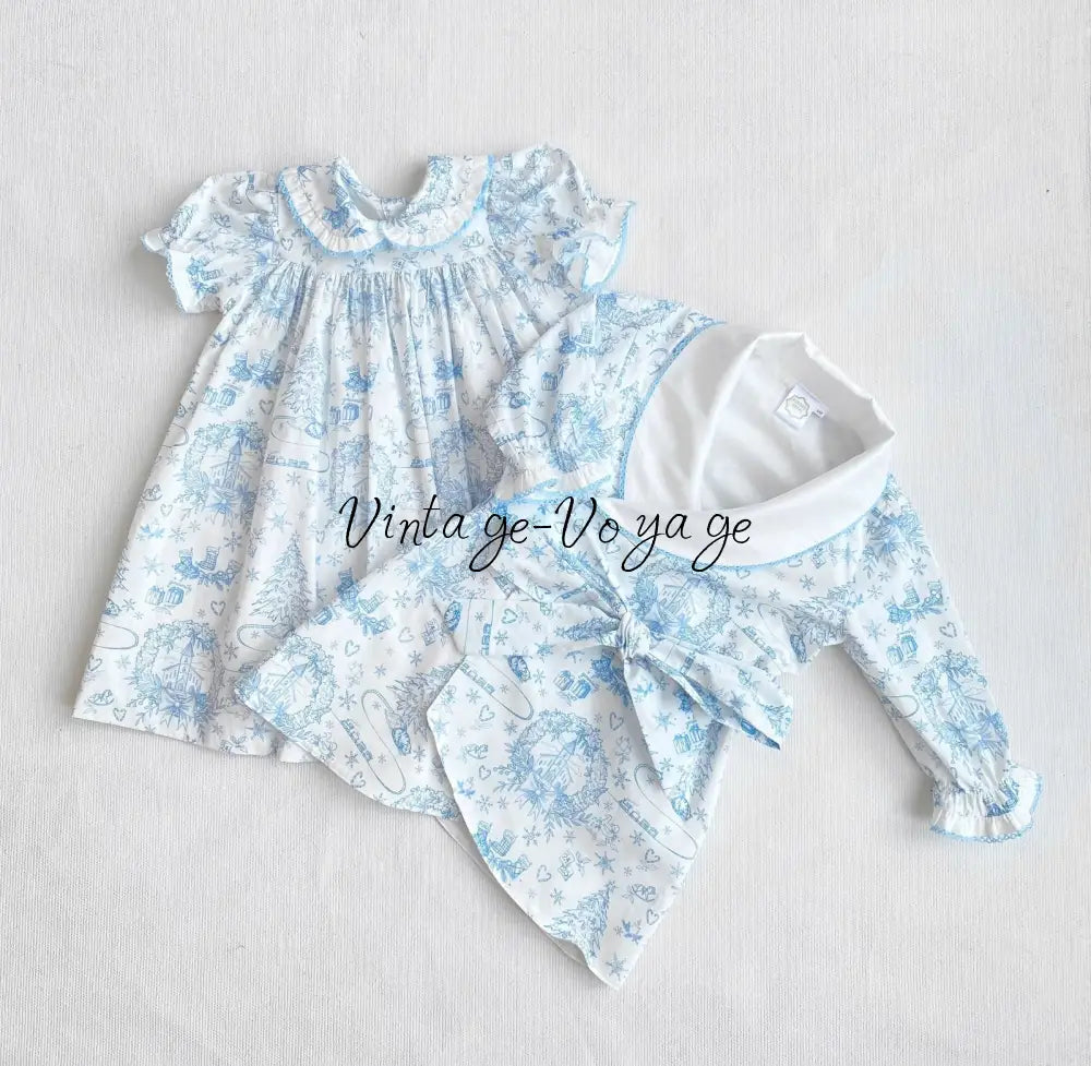 PRE-ORDER & GET IT NEXT WEEK! NEW! Baby/Toddler Girls Blue Christmas Print Nightdress & Dressing Gown Set - pyjama set