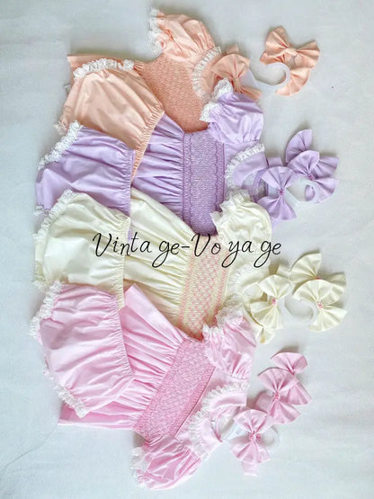 PRE-ORDER & GET IT NEXT WEEK! NEW! FREYA BISCUIT HAND-SMOCKED SHORT DRESS,PANTIES & HAIR ACCESSORIES Baby & Toddler