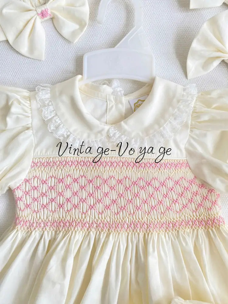 PRE-ORDER & GET IT NEXT WEEK! NEW! FREYA BISCUIT HAND-SMOCKED SHORT DRESS,PANTIES & HAIR ACCESSORIES Baby & Toddler