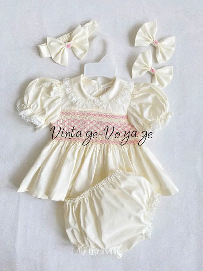 PRE-ORDER & GET IT NEXT WEEK! NEW! FREYA BISCUIT HAND-SMOCKED SHORT DRESS,PANTIES & HAIR ACCESSORIES NB Baby & Toddler
