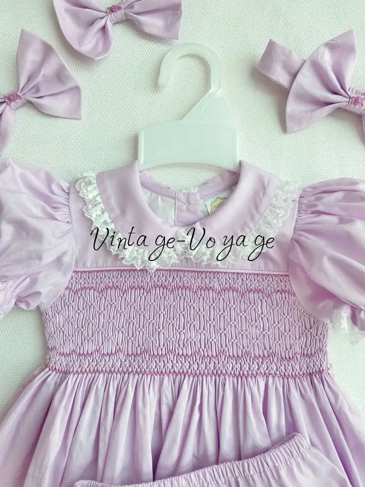 PRE-ORDER & GET IT NEXT WEEK! NEW! FREYA LILAC HAND-SMOCKED SHORT DRESS,PANTIES & HAIR ACCESSORIES Baby & Toddler
