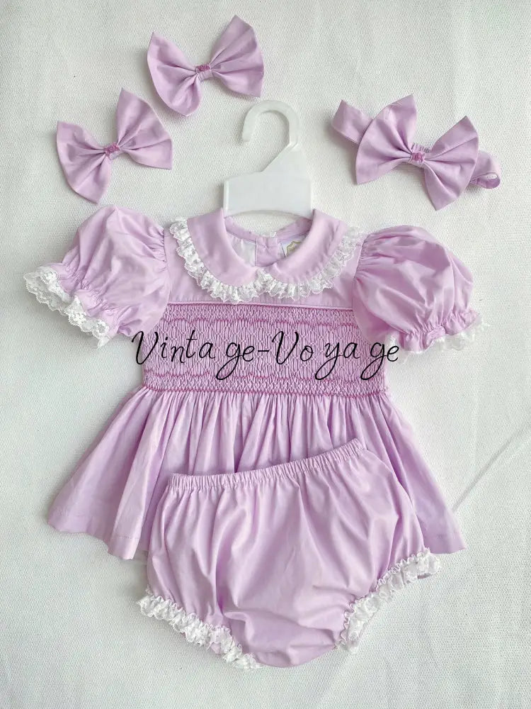 PRE-ORDER & GET IT NEXT WEEK! NEW! FREYA LILAC HAND-SMOCKED SHORT DRESS,PANTIES & HAIR ACCESSORIES NB Baby & Toddler
