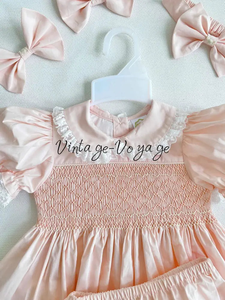 PRE-ORDER & GET IT NEXT WEEK! NEW! FREYA PEACH HAND-SMOCKED SHORT DRESS,PANTIES & HAIR ACCESSORIES Baby & Toddler