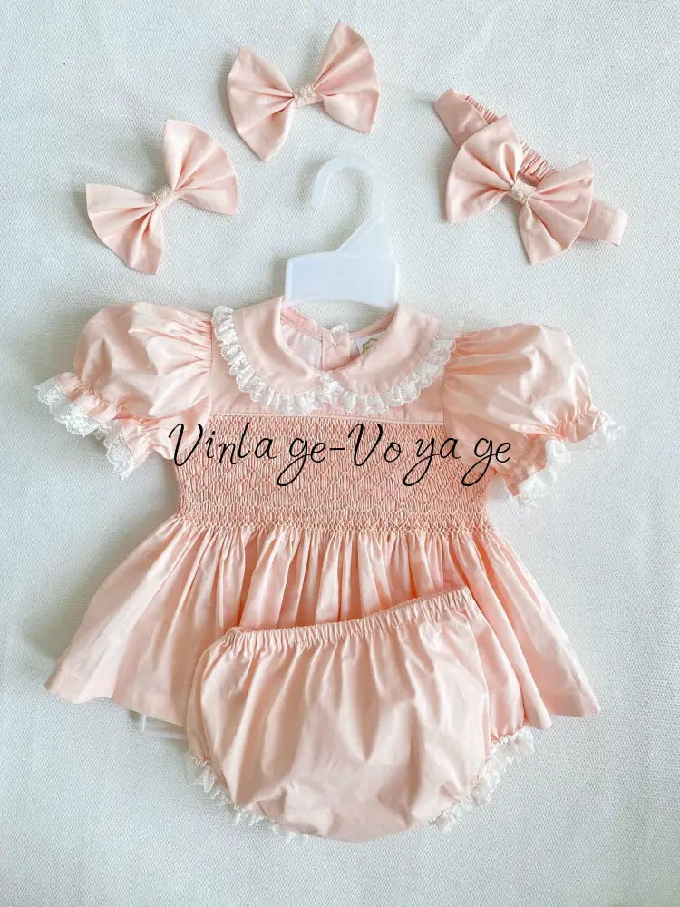 PRE-ORDER & GET IT NEXT WEEK! NEW! FREYA PEACH HAND-SMOCKED SHORT DRESS,PANTIES & HAIR ACCESSORIES NB Baby & Toddler